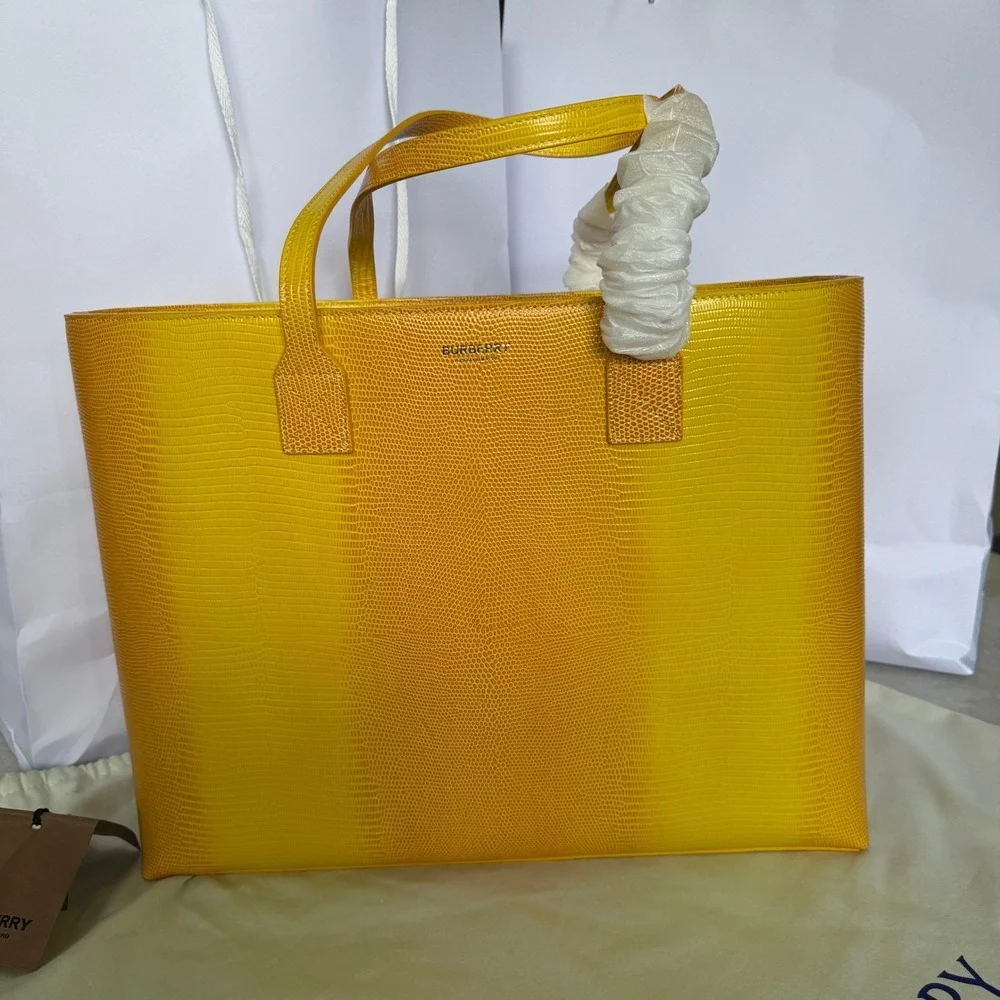 Burberry London Tote Bag Yellow Lizard Embossed Leather Shopper Handbag New‎
